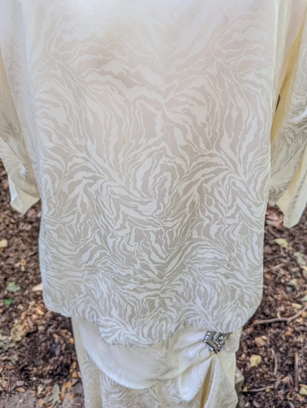Vtg 80s Whimsigoth Bridal Shower Dress White Satin Jacquard Handkerchief Hem 12 - Picture 12 of 14